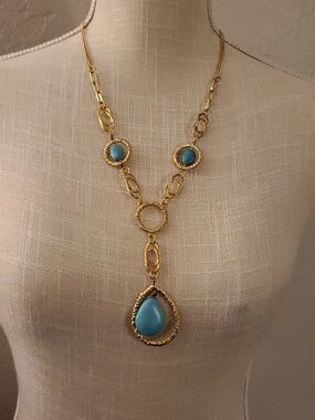 Garold C Miller Signed Gold-Tone Drop Pendant Necklace with Blue Howlite Stones